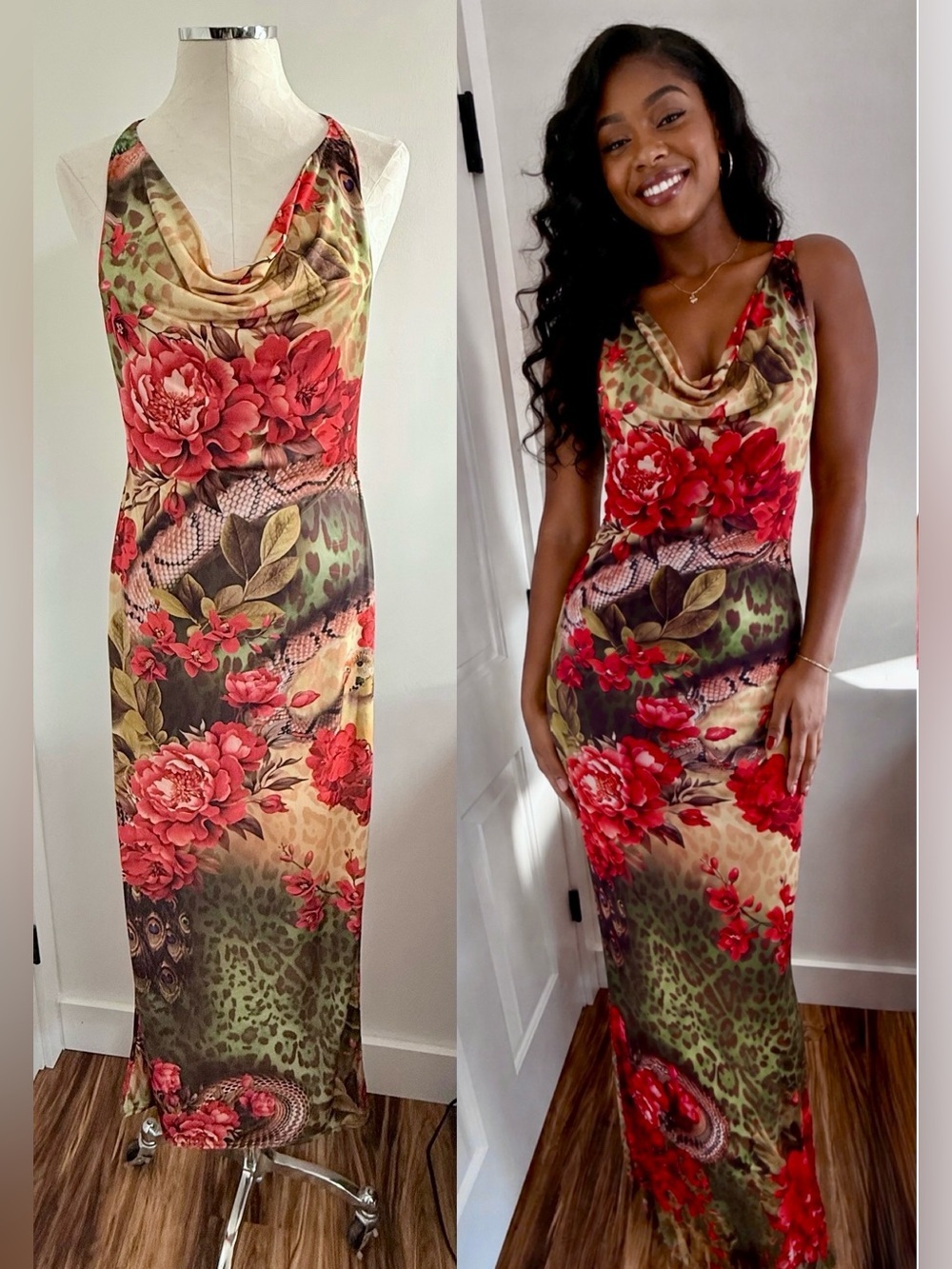 Boohoo Red Floral & Green Animal-Print Maxi Dress